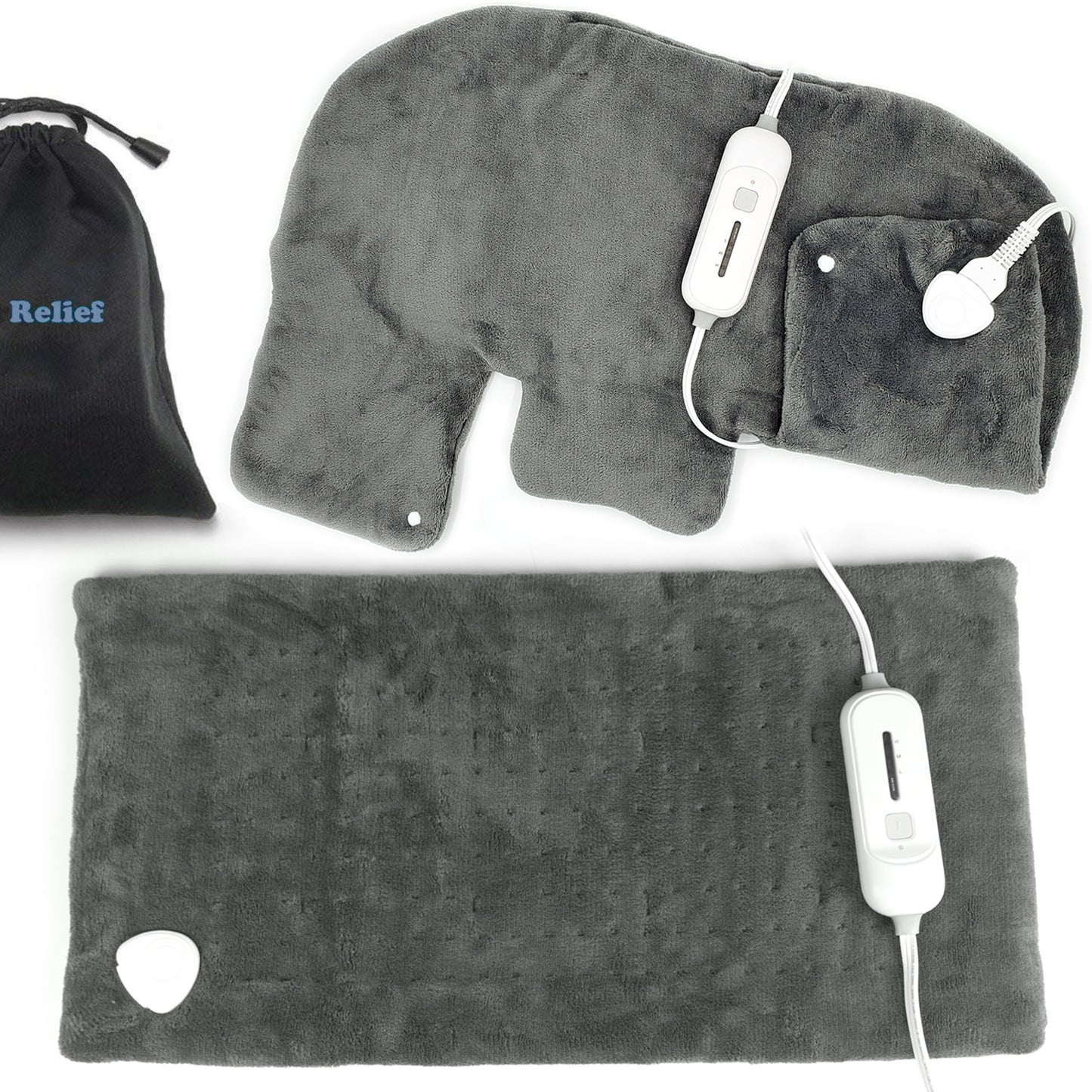 Dr Relief by SUNAID Premium Heating Pad Gift Set of 2 - King Size 18" x 25" Shoulder Heating Pad and 12" x 24" Fast Heating Wrap with Auto Shut Off for Back, Neck and Shoulder, Abdomen, Waist Pain Relief, Dry/Moist Option (Gray)