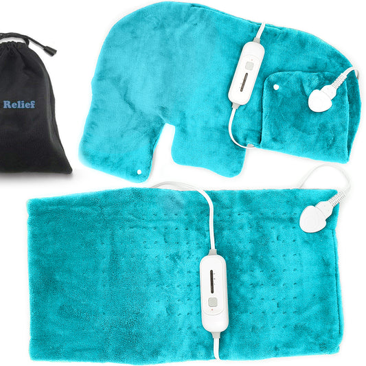 Dr Relief by SUNAID Heating Pad Gift Set of 2 - King Size 18" x 25" Shoulder Heating Pad and 12" x 24" Fast Heating Wrap with Auto Shut Off for Back, Neck and Shoulder, Abdomen, Waist Pain Relief, Dry/Moist Option (Blue)