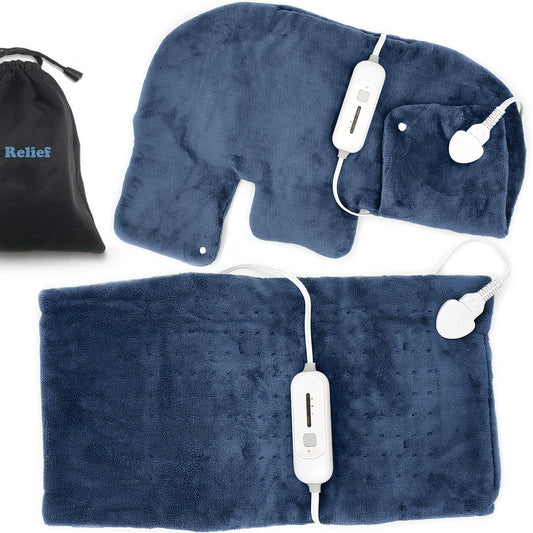 Dr Relief by SUNAID Heating Pad Gift Set of 2 - King Size 18" x 25" Shoulder Heating Pad and 12" x 24" Fast Heating Wrap with Auto Shut Off for Back, Neck and Shoulder, Abdomen, Waist Pain Relief, Dry/Moist Option (Navy)