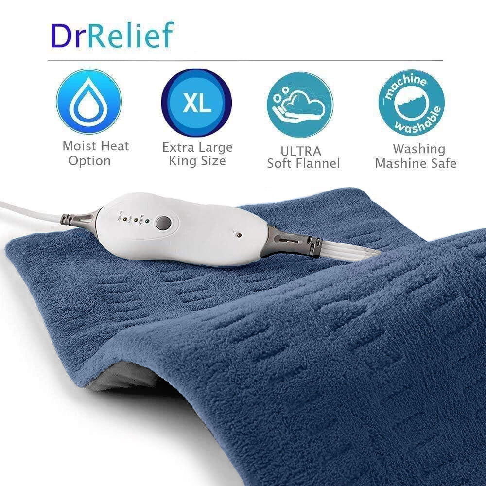 Dr Relief by SUNAID Heating Pad Gift Set of 2 - King Size 18" x 25" Shoulder Heating Pad and 12" x 24" Fast Heating Wrap with Auto Shut Off for Back, Neck and Shoulder, Abdomen, Waist Pain Relief, Dry/Moist Option (Navy)