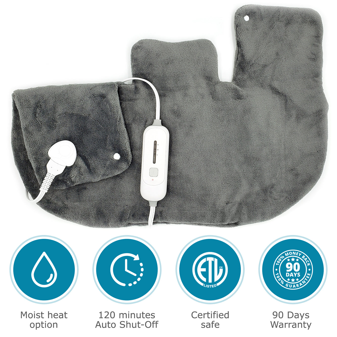 Dr Relief by SUNAID Premium Heating Pad Gift Set of 2 - King Size 18" x 25" Shoulder Heating Pad and 12" x 24" Fast Heating Wrap with Auto Shut Off for Back, Neck and Shoulder, Abdomen, Waist Pain Relief, Dry/Moist Option (Gray)