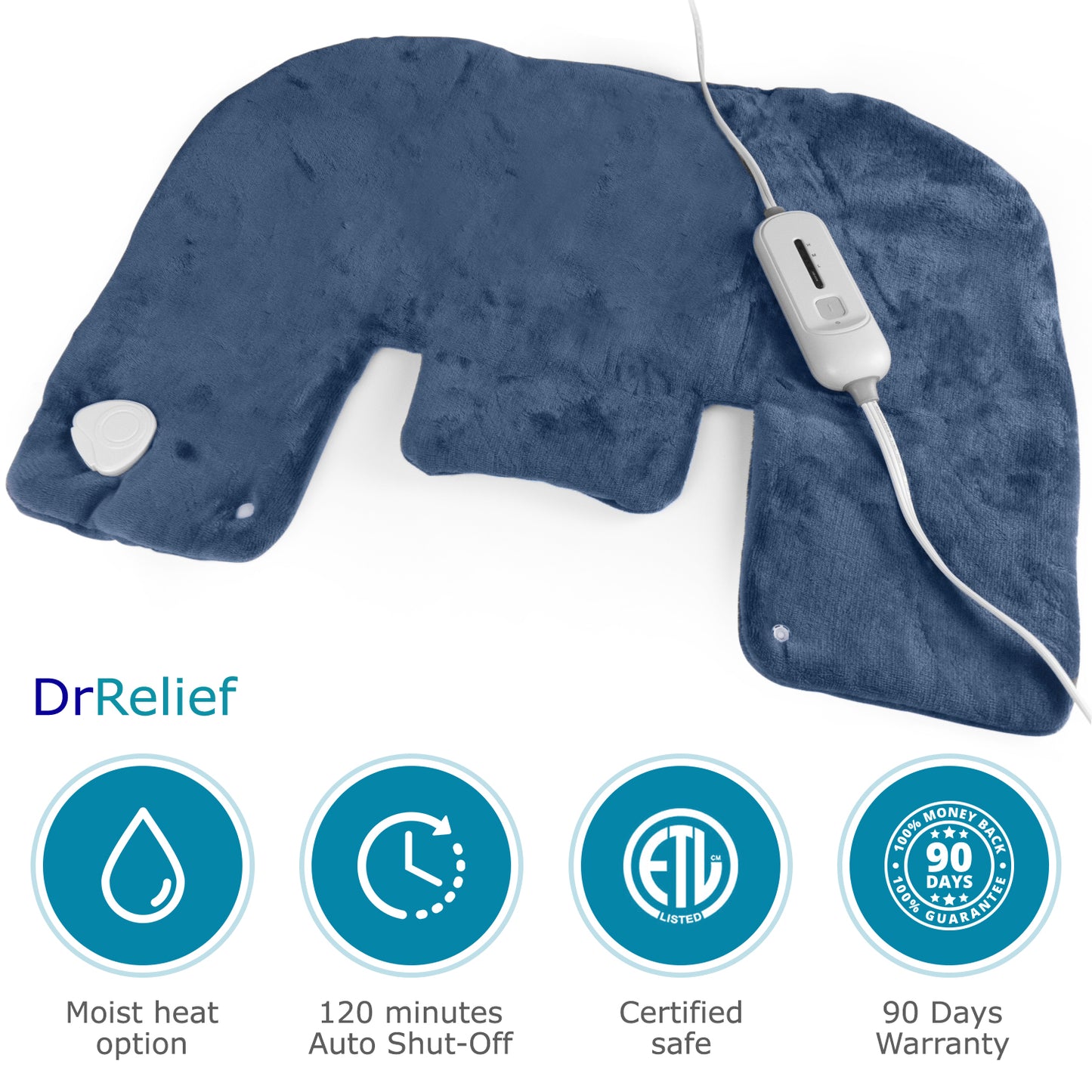 Dr Relief by SUNAID Heating Pad Gift Set of 2 - King Size 18" x 25" Shoulder Heating Pad and 12" x 24" Fast Heating Wrap with Auto Shut Off for Back, Neck and Shoulder, Abdomen, Waist Pain Relief, Dry/Moist Option (Navy)