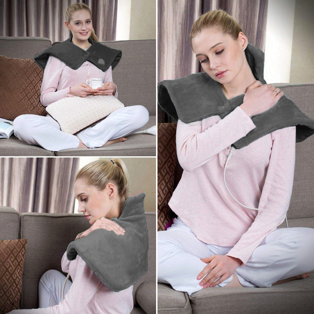 Dr Relief by SUNAID Premium Heating Pad Gift Set of 2 - King Size 18" x 25" Shoulder Heating Pad and 12" x 24" Fast Heating Wrap with Auto Shut Off for Back, Neck and Shoulder, Abdomen, Waist Pain Relief, Dry/Moist Option (Gray)