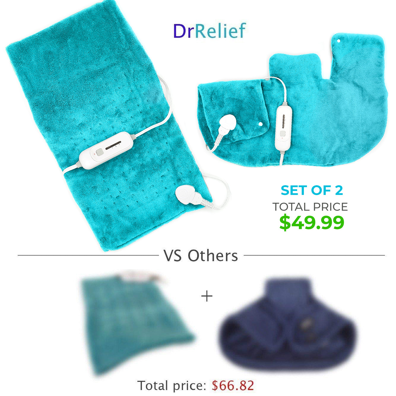 Dr Relief by SUNAID Heating Pad Gift Set of 2 - King Size 18" x 25" Shoulder Heating Pad and 12" x 24" Fast Heating Wrap with Auto Shut Off for Back, Neck and Shoulder, Abdomen, Waist Pain Relief, Dry/Moist Option (Blue)