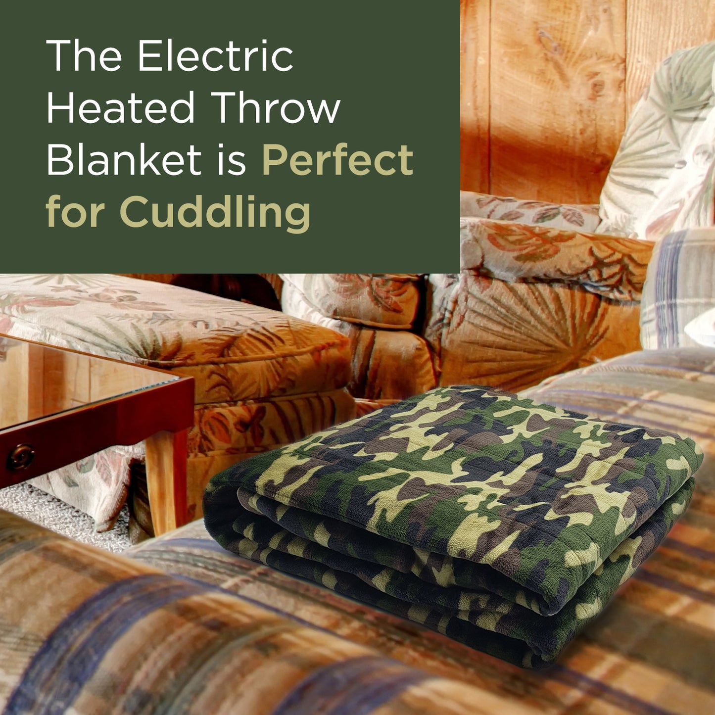 Dr Relief by SUNAID Electric Heated Throw Blanket Fleece with Controller, 4 Hours Auto Shut-Off, Fast Warming, Full-Body Comfort, Luxuriously Soft, Machine Washable, 50" x 60", Micromink for Cozy Couch or Bed (Camo)