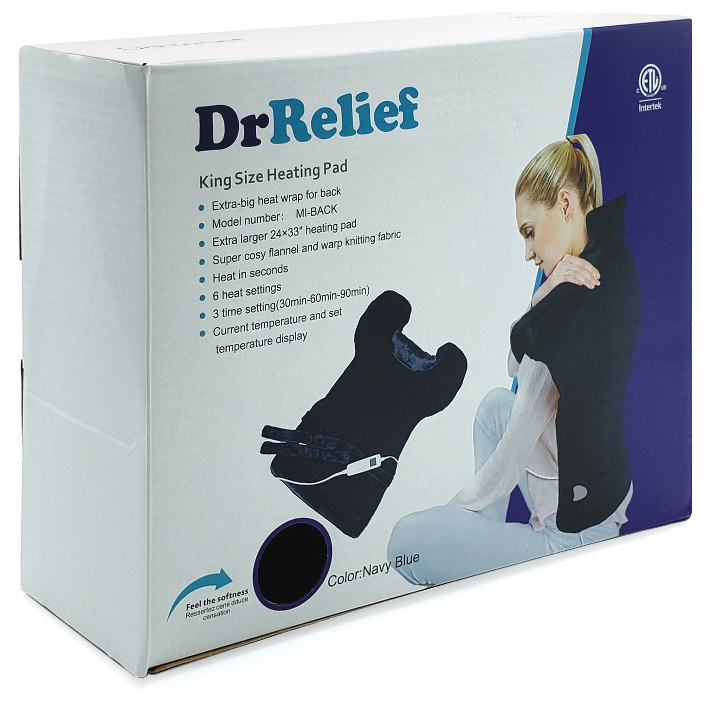 Dr Relief by SUNAID Extra Large Full Back Shoulders and Neck Heating Pad 24" x 33" Fast Heating Wrap with Auto Shut Off for Back, Neck and Shoulder, Abdomen, Waist Pain Relief, Dry/Moist Option (Navy)