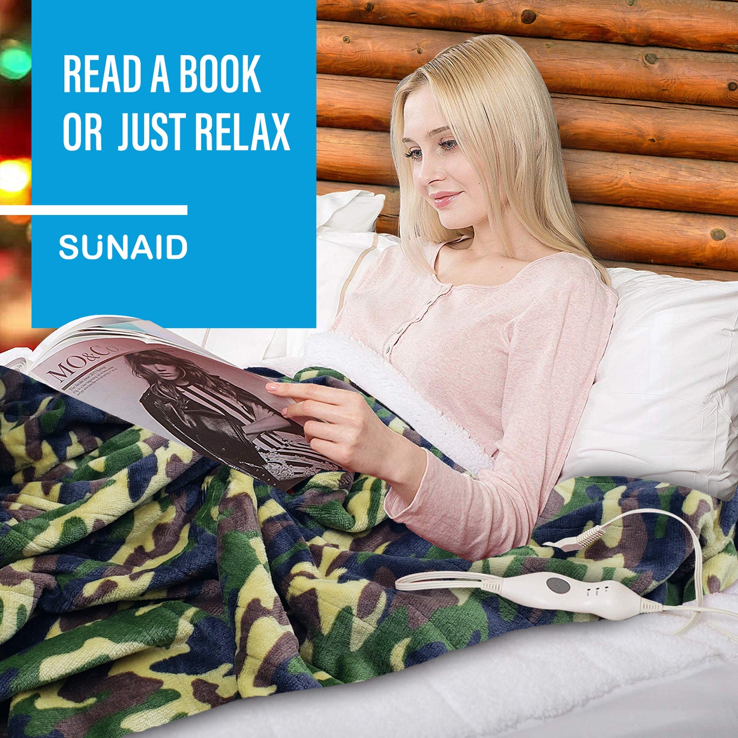 SUNAID Electric Heated Throw Blanket Fleece with Controller, 50" x 60" , 4 Hours Auto Shut-Off, Fast Warming, Full-Body Comfort, Luxuriously Soft, Machine Washable (Camo)