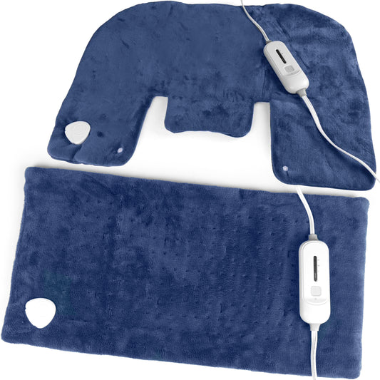 SUNAID Heating Pad Ultra Plush Gift Set of 2 - King Size 18" x 25" Shoulder Heating Pad and 12" x 24" Back Heating Pad for Targeted Pain Relief, Cramps Relief and Relaxation, Fast Heating (Navy)