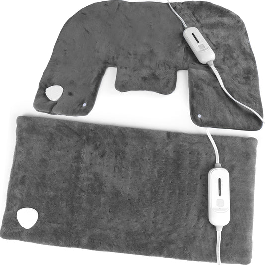 SUNAID Heating Pad Ultra Plush Gift Set of 2 - King Size 18" x 25" Shoulder Heating Pad and 12" x 24" Back Heating Pad for Targeted Pain Relief, Cramps Relief and Relaxation, Fast Heating (Gray)