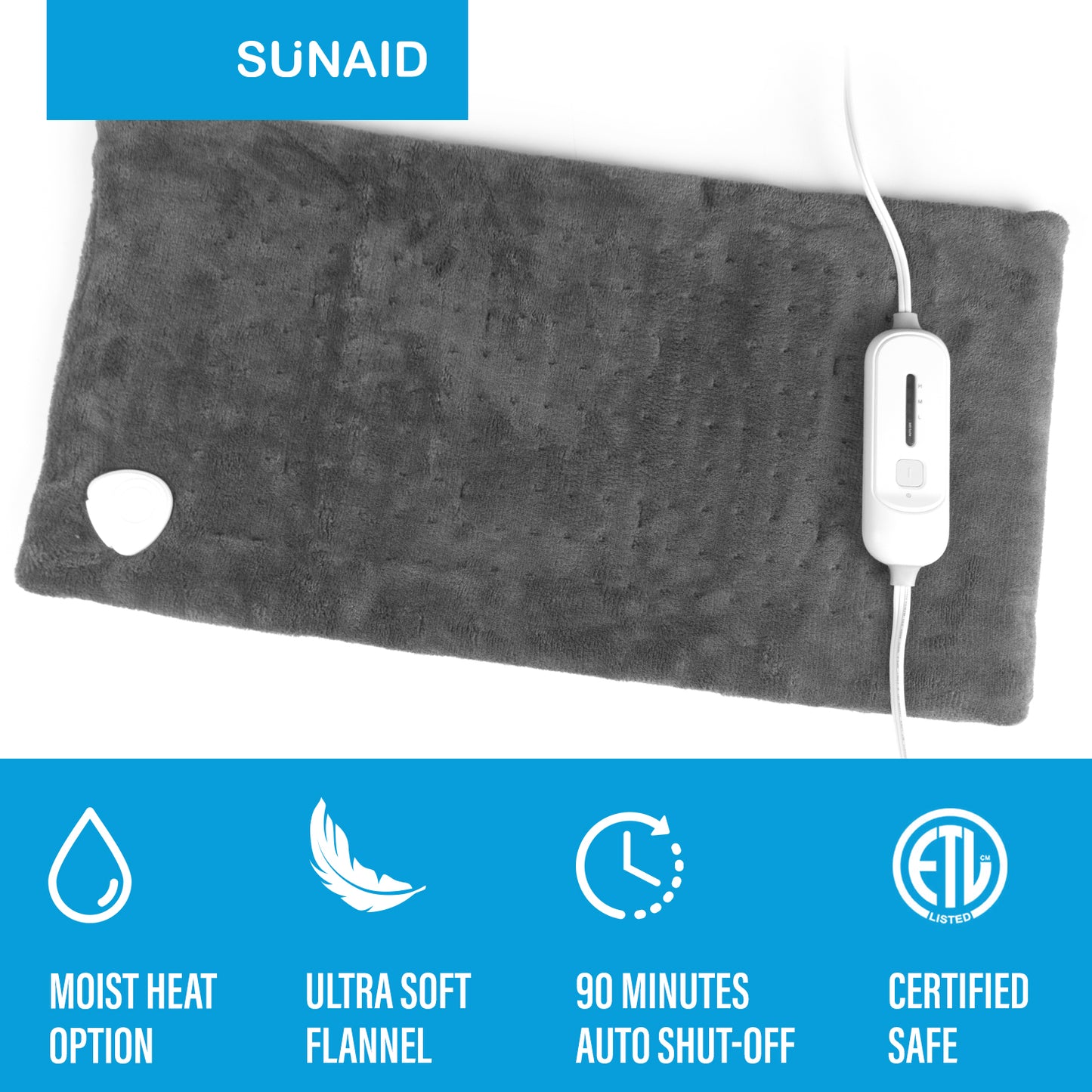 SUNAID Electric Heating Pad for Back Pain Relief 12"x24", 3 Heat Settings, 9' Cord, Moist Heating Option (Gray)