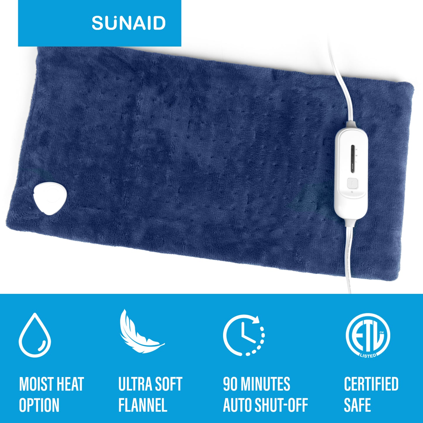 SUNAID Electric Heating Pad for Back Pain Relief 12"x24", 3 Heat Settings, 9' Cord, Moist Heating Option (Navy)