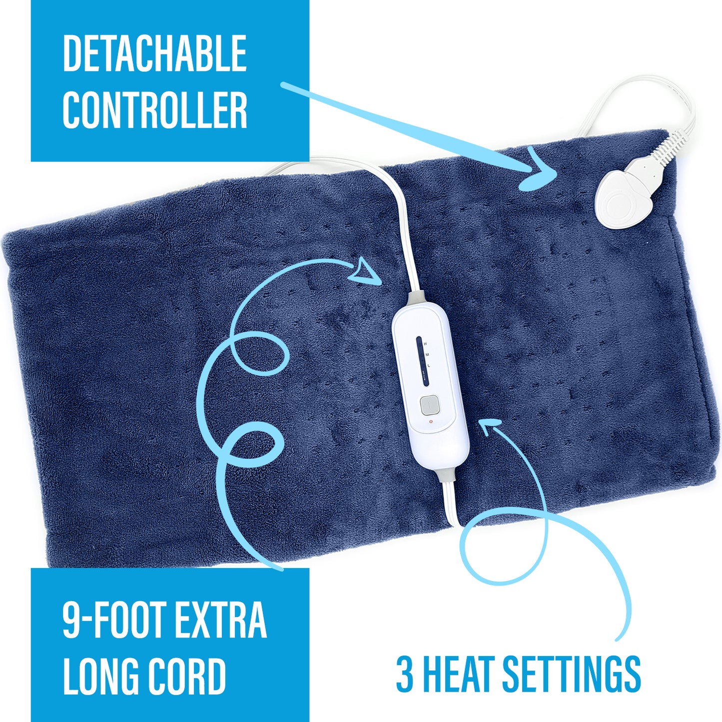 SUNAID Electric Heating Pad for Back Pain Relief 12"x24", 3 Heat Settings, 9' Cord, Moist Heating Option (Navy)