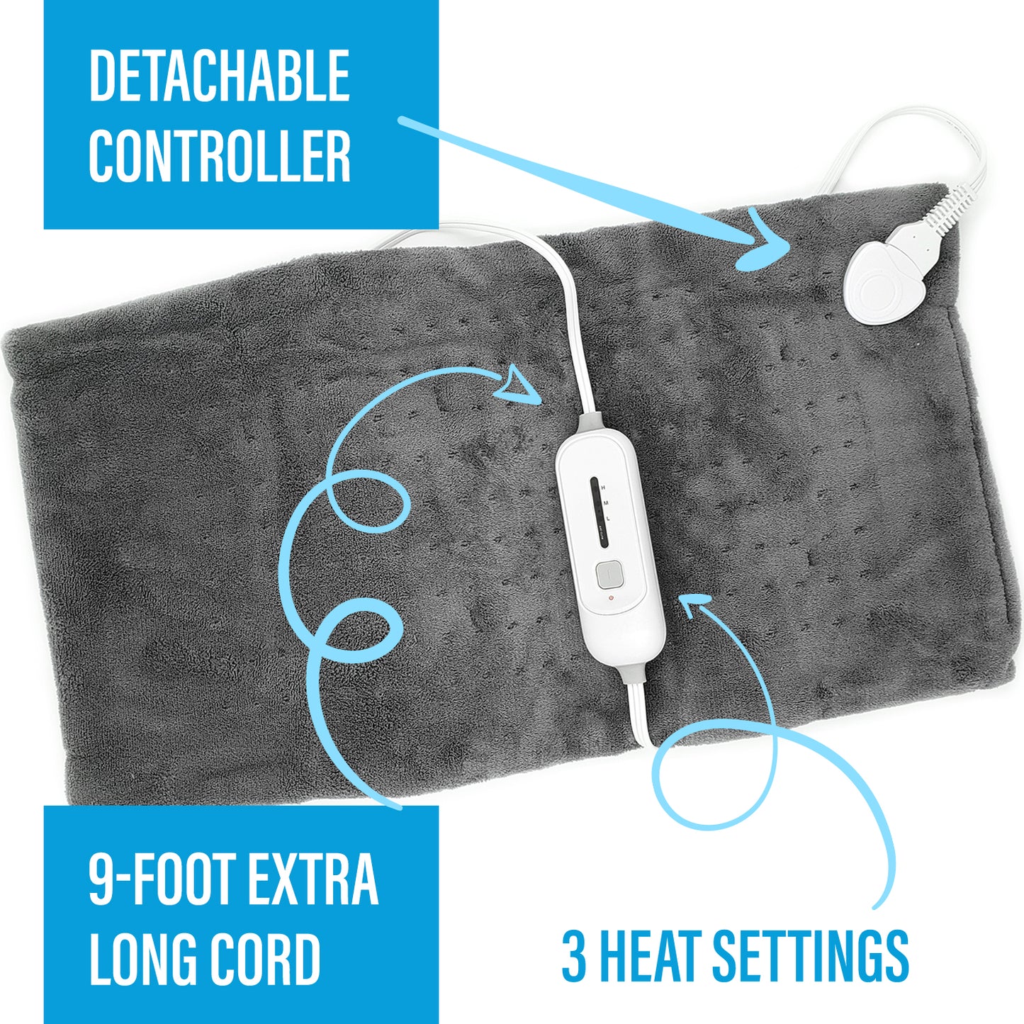 SUNAID Electric Heating Pad for Back Pain Relief 12"x24", 3 Heat Settings, 9' Cord, Moist Heating Option (Gray)